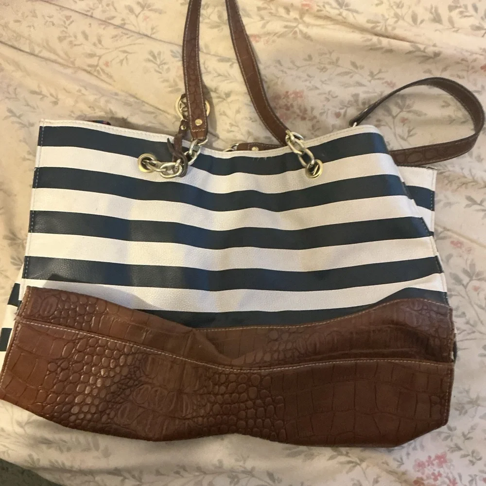 Nautical Stripe Tote Bag | Brown Faux Croc Trim | Spacious Everyday Carryall